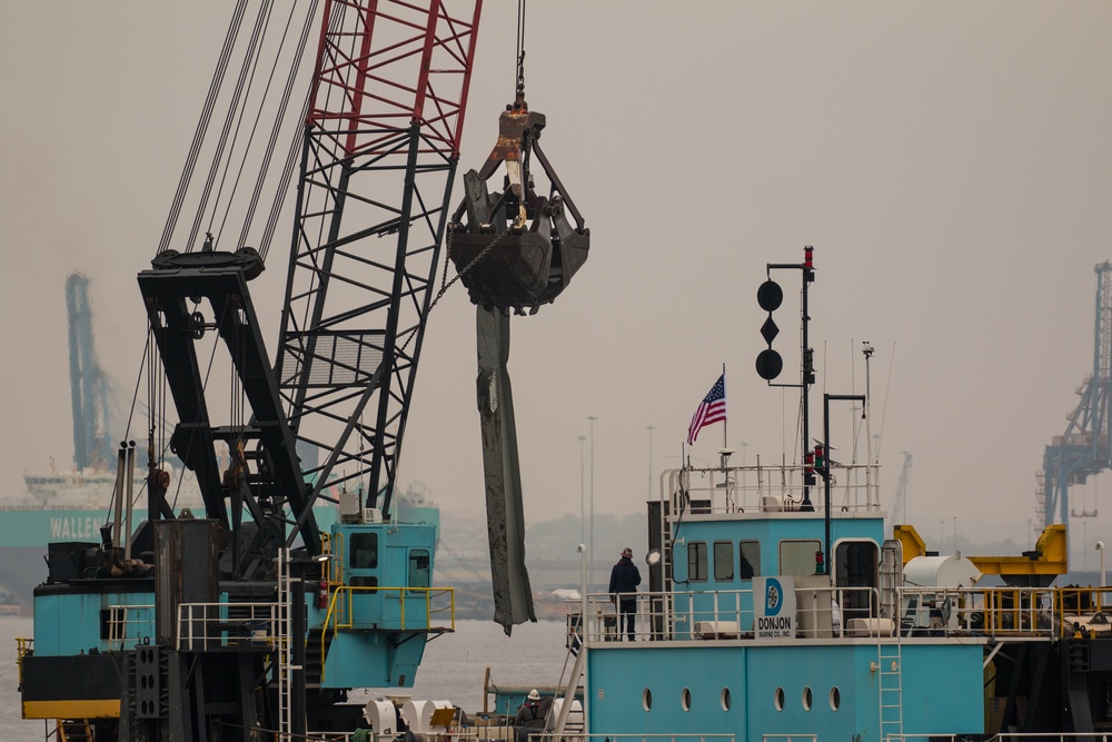 Salvage crews continue to remove wreckage from the Francis Scott Key Bridge