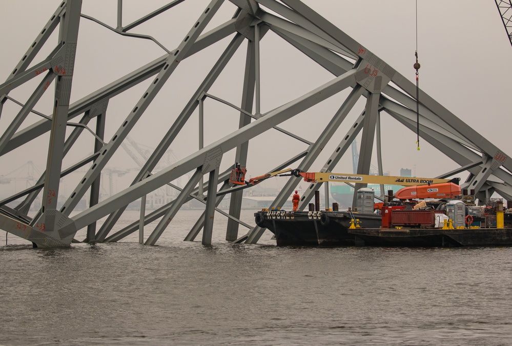 Salvage crews continue to remove wreckage from the Francis Scott Key Bridge