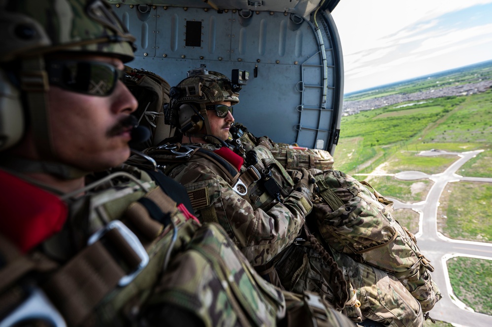 Pararescue Jumpers perform a rescue demonstration at The Great Texas Airshow 2024