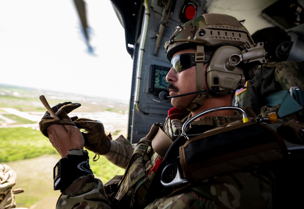 Pararescue Jumpers perform a rescue demonstration at The Great Texas Airshow 2024