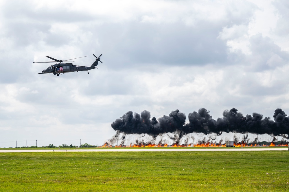 Pararescue Jumpers perform a rescue demonstration at The Great Texas Airshow 2024