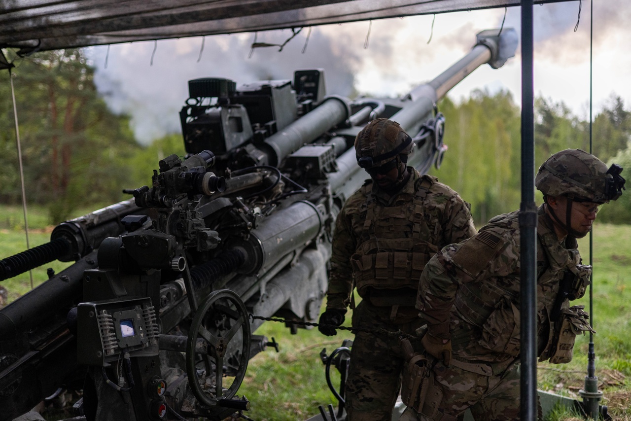U.S. Army soldiers from Phoenix Battery fire an M777 towed 155mm howitzer during NATO Exercise Saber Strike 24, Pisz Training Ground, Poland, April 2024. Saber Strike is a multinational exercise involving 19 Allied and partner nations.
