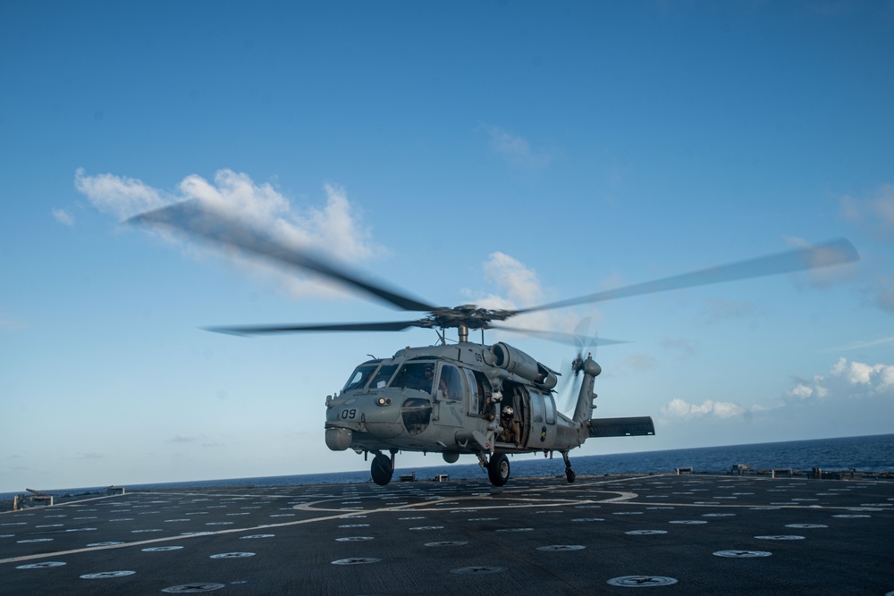 MH-60S Sea Hawks Conduct Flight Operations Aboard USS Harpers Ferry