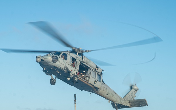 MH-60S Sea Hawks Conduct Flight Operations Aboard USS Harpers Ferry
