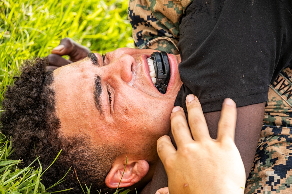 Marines endure OC spray training during MAI course