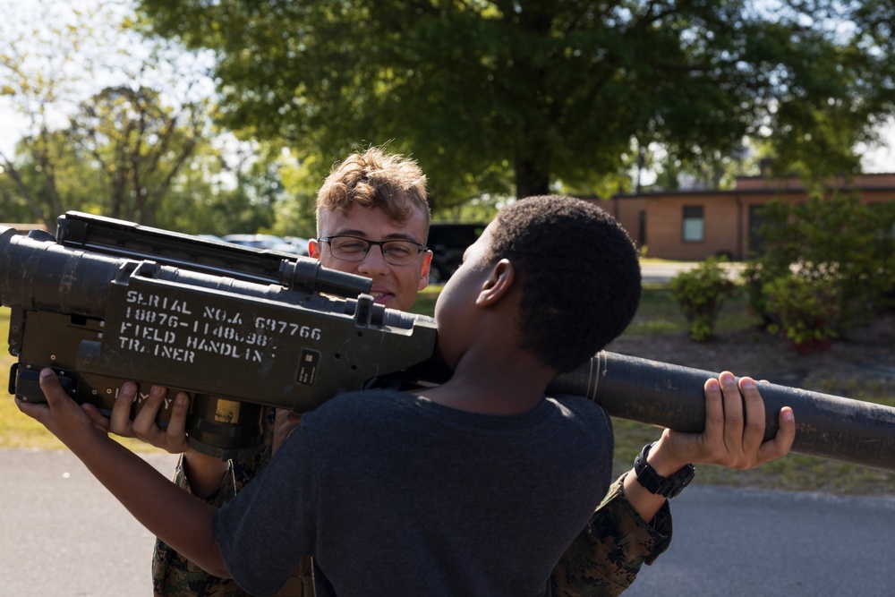 U.S. Marines with 2nd Marine Aircraft Wing visit students during Oaks Road Academy’s career fair