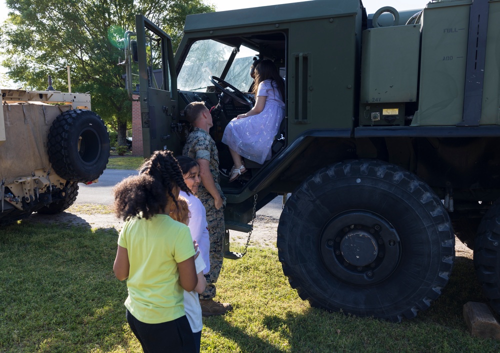 U.S. Marines with 2nd Marine Aircraft Wing visit students during Oaks Road Academy’s career fair