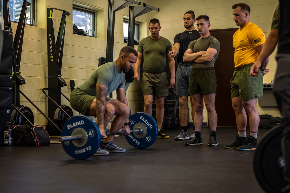 U.S. Marines Participate in a Deadlift Class during the 2024 Fittest Instructor Competition