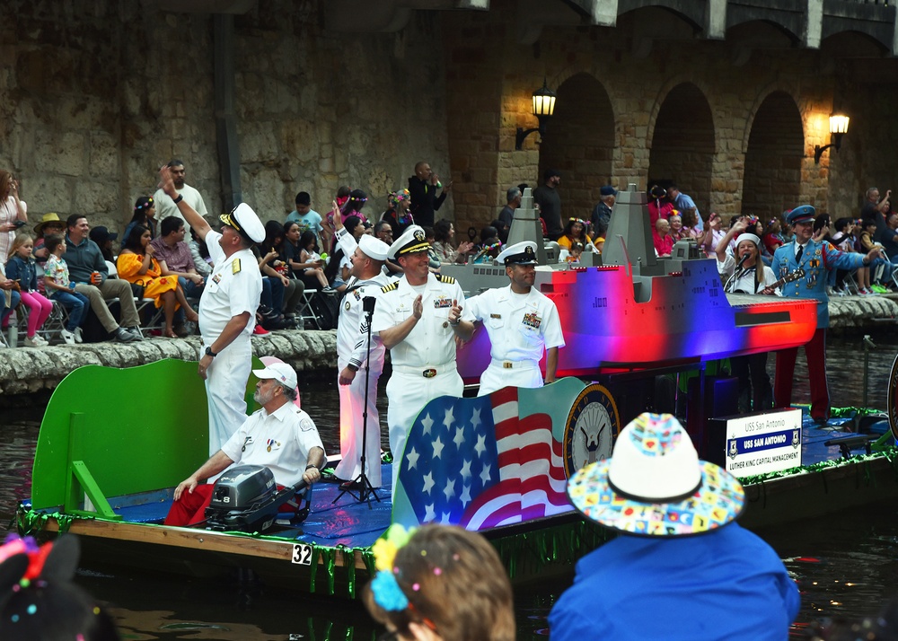 Naval Medical Forces Support Command, USS San Antonio participate in Texas Cavaliers River Parade during Fiesta