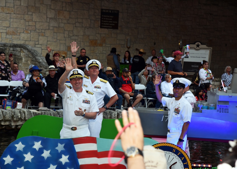 Naval Medical Forces Support Command, USS San Antonio participate in Texas Cavaliers River Parade during Fiesta