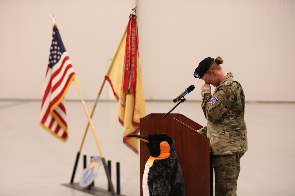 First Sergeant Nelson gives an emotional goodbye during a change of responsibility