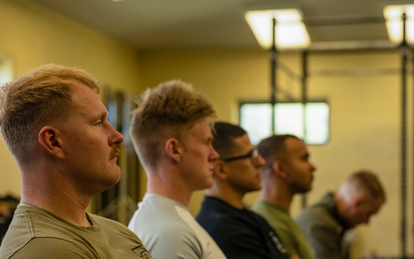 U.S. Marines and Royal Marines participate in an aerobic capacity class during the 2024 Fittest Instructor Competition