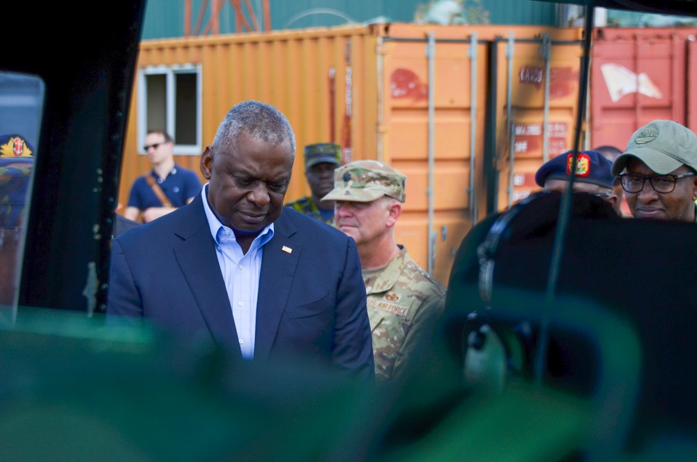 Secretary of Defense Lloyd Austin Visits With U.S. and Kenyan Service Members Stationed at Manda Bay, Kenya