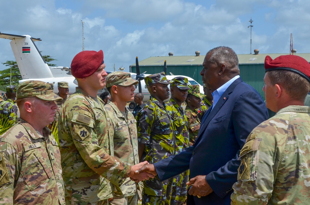 Secretary of Defense Lloyd Austin Visits With U.S. and Kenyan Service Members Stationed at Manda Bay, Kenya