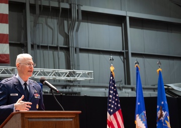 Maj. Gen. Mark Slominski addresses the crowd as his promotion