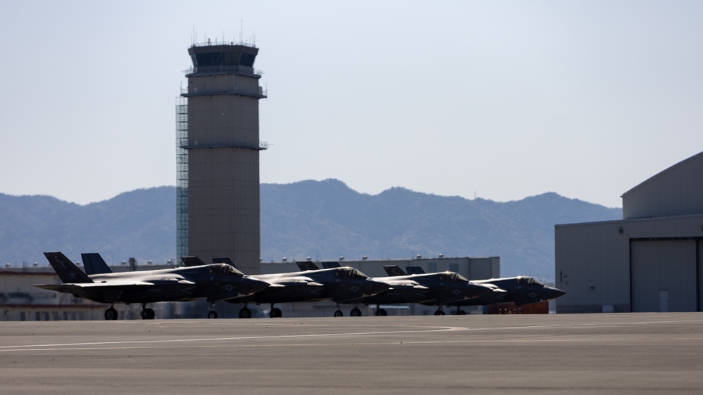 Marine Fighter Attack Squadron 225’s F-35B Lightning II aircraft take off at Marine Corps Iwakuni