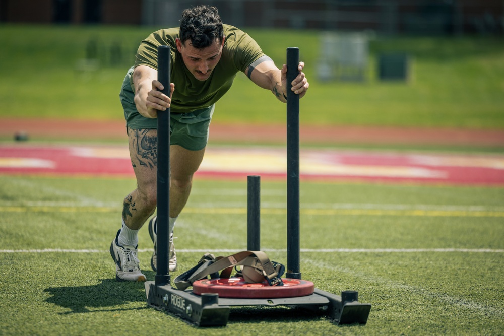 U.S. Marines and Royal Marines compete in the Double-up competition during the 2024 Fittest Instructor Competition