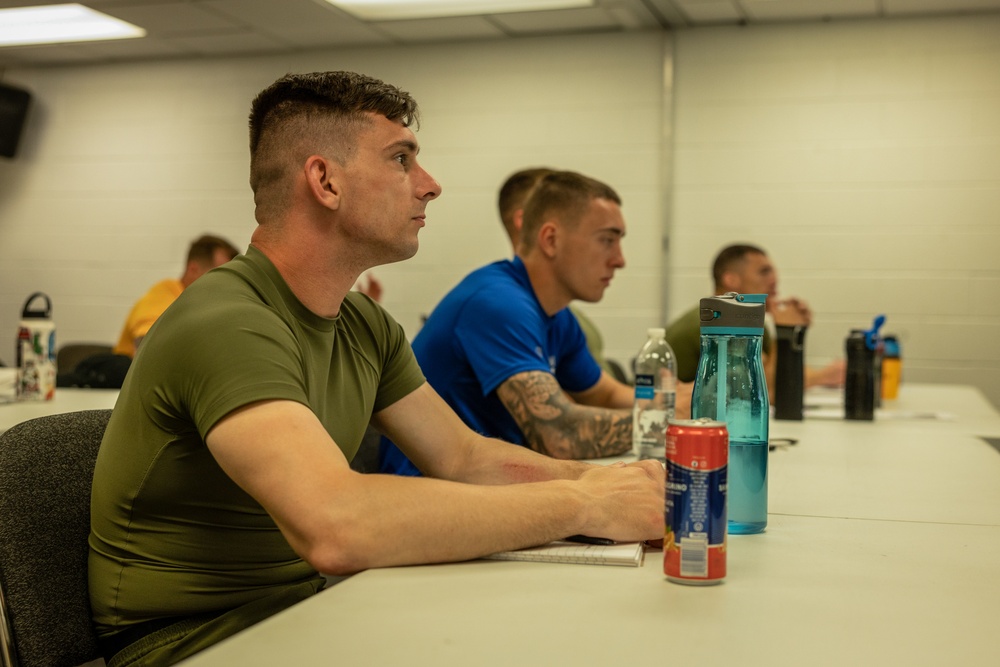 U.S. Marines and Royal Marines attend an aerobic capacity class during the 2024 Fittest Instructor Competition