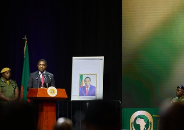 President of the Republic of Zambia and Commander-in-Chief of the Defence Force Mr. Hakainde Hichilema addresses the attendees of the African Land Forces Summit 2024