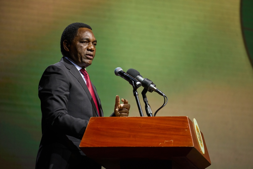 President of the Republic of Zambia and Commander-in-Chief of the Defence Force Mr. Hakainde Hichilema addresses the attendees of the African Land Forces Summit 2024