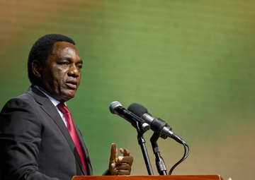 President of the Republic of Zambia and Commander-in-Chief of the Defence Force Mr. Hakainde Hichilema addresses the attendees of the African Land Forces Summit 2024