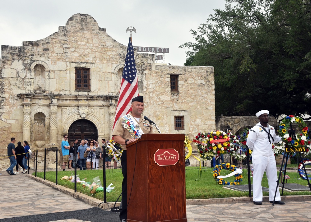 Navy Ambassador HM1 Comacho speaks at Navy Day at the Alamo