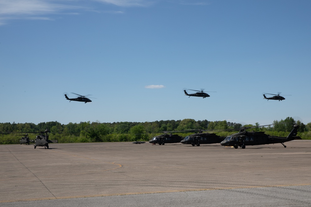 Blackhawk helicopters taking off