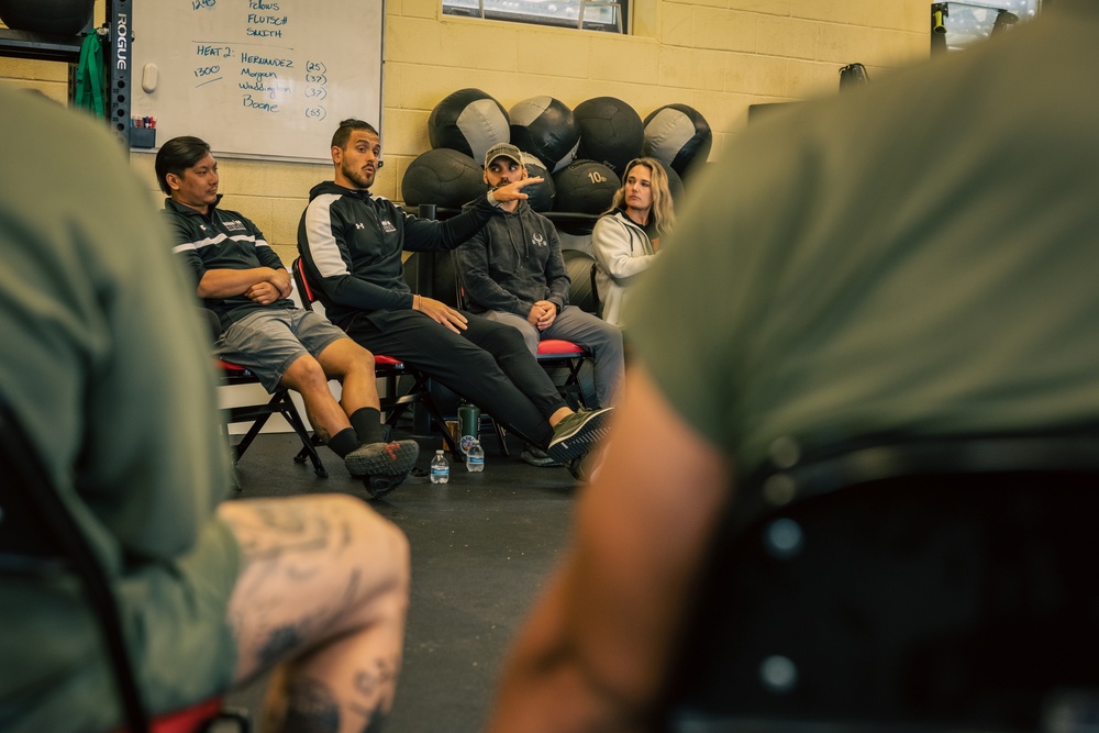 U.S. Marines and Royal Marines attend a coaching class during the 2024 Fittest Instructor Competition