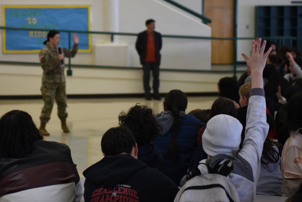 Lt. Col. ShaiLin KingSlack, Commander of the Walla Walla District, speaking to tribal students at schools in Pendleton, Oregon.