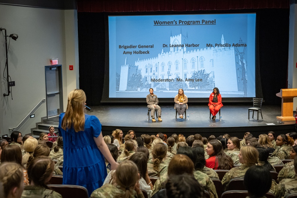 Photo of Brig. Gen. Amy Holbeck participating in Women's Program panel at Georgia Military College.