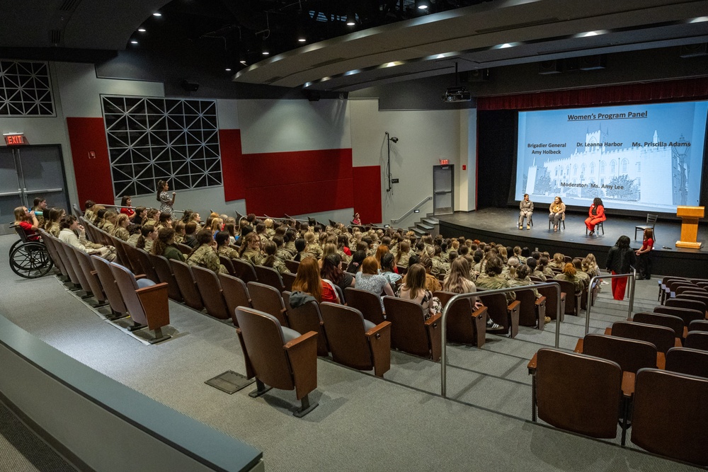 Photo of Brig. Gen. Amy Holbeck participating in Women's Program panel at Georgia Military College.