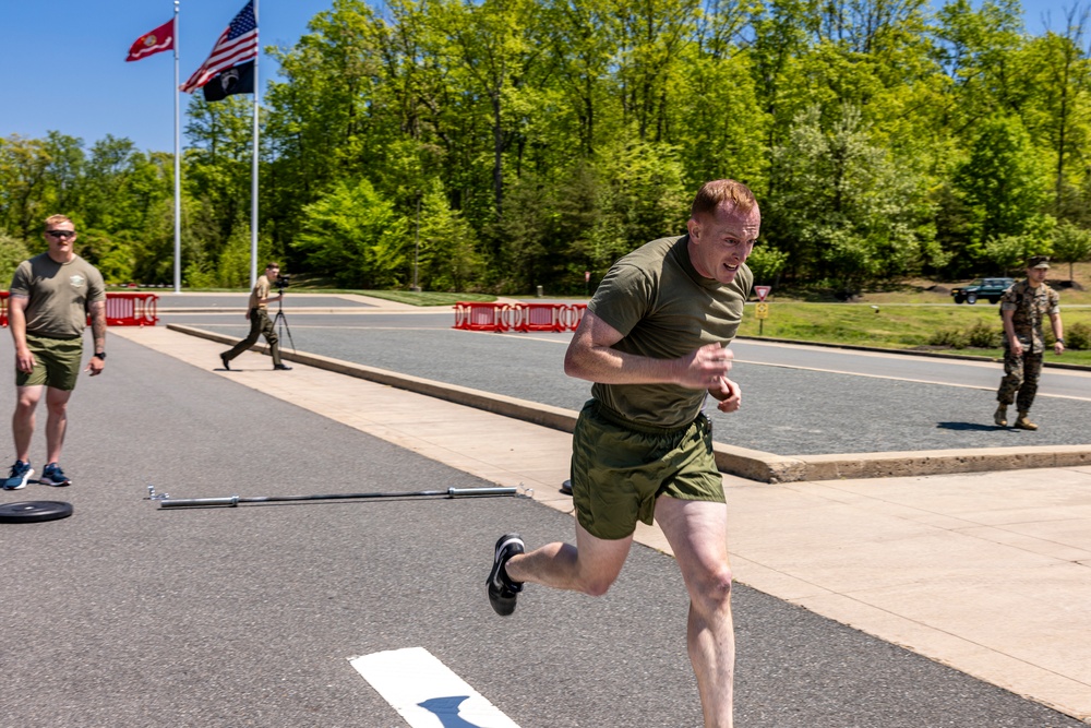 U.S. Marines and Royal Marines Conduct the Thrusters and Run event During the 2024 Fittest Instructor Competition