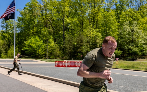 U.S. Marines and Royal Marines Conduct the Thrusters and Run event During the 2024 Fittest Instructor Competition