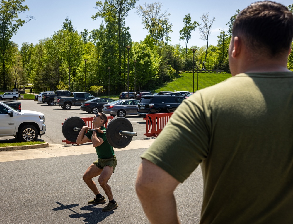U.S. Marines and Royal Marines Compete in the "Thrust and Run" During the 2024 Fittest Instructor Competition