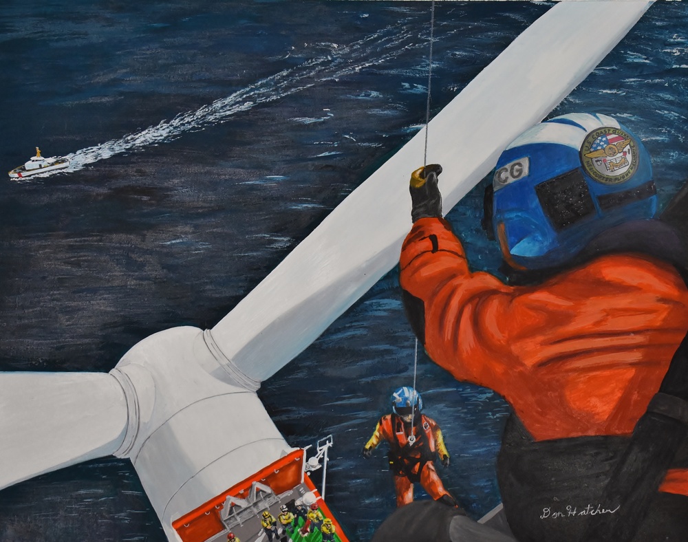 US Coast Guard Art Program 2024 Collection, Object Id # 202408, &quot;Wind turbine rescue training,&quot; Don Hatcher
