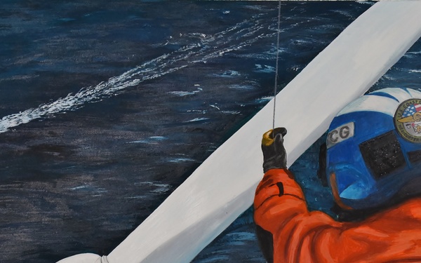 US Coast Guard Art Program 2024 Collection, Object Id # 202408, "Wind turbine rescue training," Don Hatcher