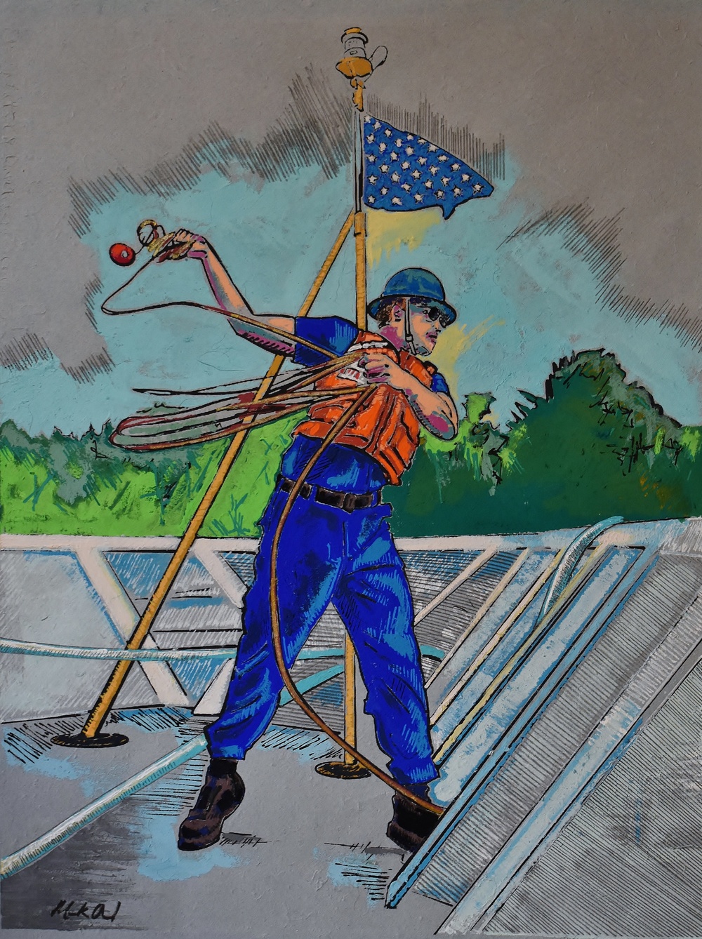 US Coast Guard Art Program 2024 Collection, Object Id # 202423, &quot;Throwing a heaving line,&quot; Mark Oldland