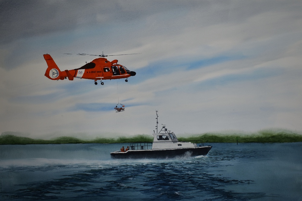 US Coast Guard Art Program 2024 Collection, Object Id # 202430, "Hoist to safety," Odie Tucker, Jr.
