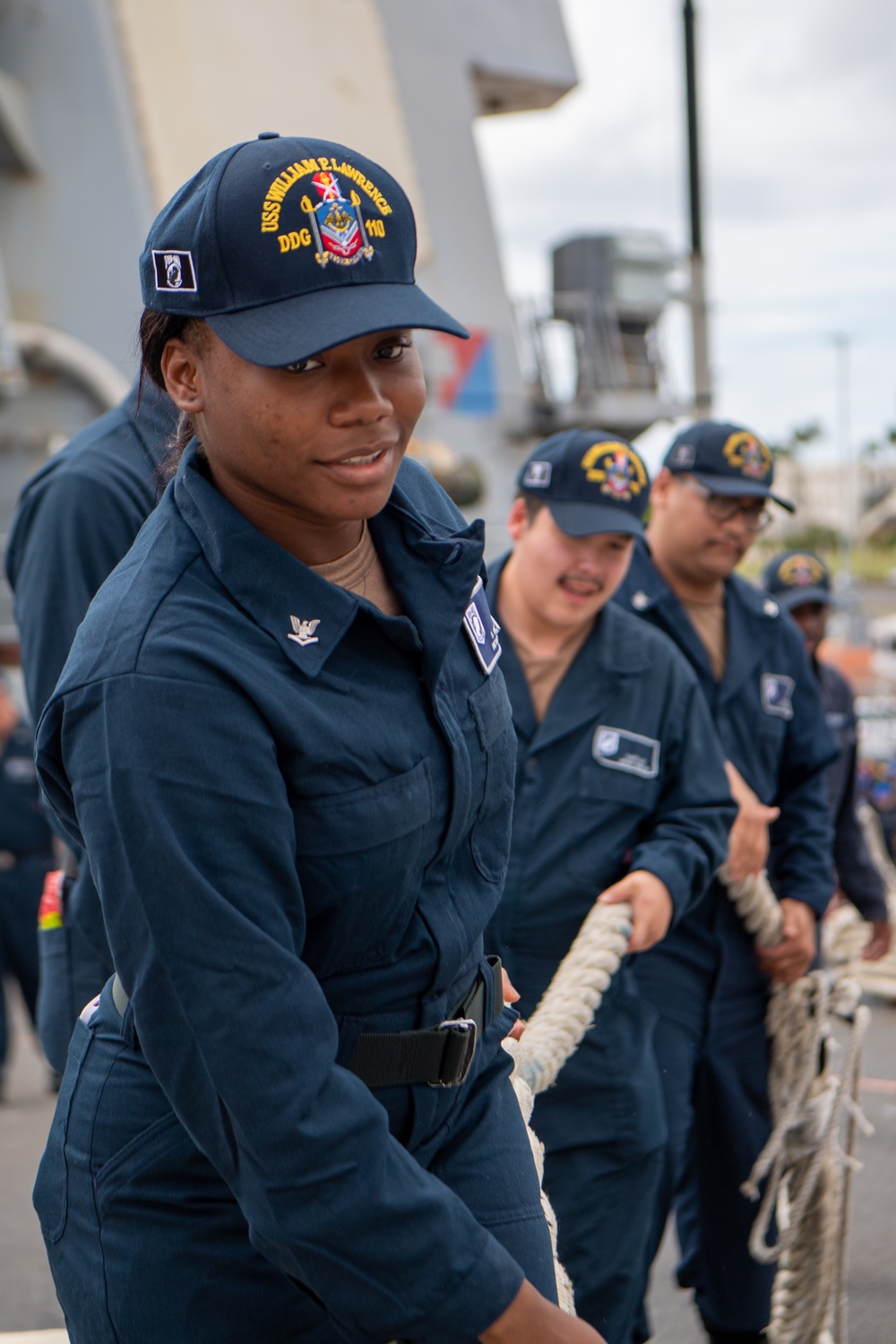 USS William P. Lawrence Sailors participate in a line handling evolution