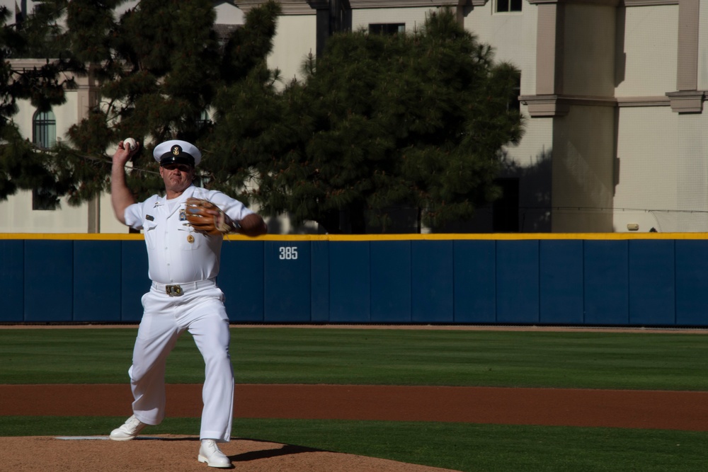 Command Master Chief Robert Stumm first pitch for a University of San Diego game