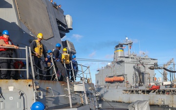 Sailors aboard the USS Howard conduct a replenishment-at-sea with the USNS John Ericsson in the South China Sea