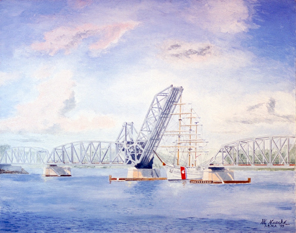 US Coast Guard Art Program 2000 Collection, Object Id # 200020, &quot;The Eagle at the Railway Bridge New London,&quot; William R. Kusche