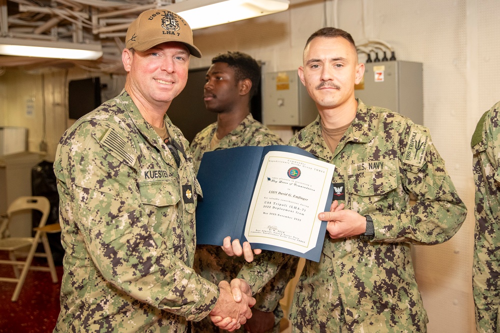 USS Tripoli engineers recive Awards