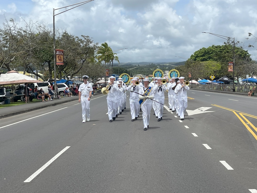 US Pacific Fleet Band marches in the 2024 Merrie Monarch Parade