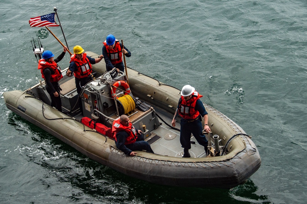 USS Ronald Reagan (CVN 76) Sailors conduct a man overboard drill