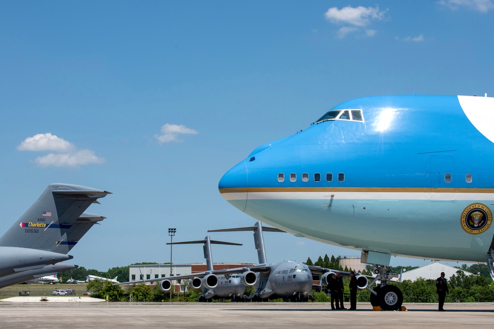 President Joe Biden pays respect to fallen law enforcement officers at the 145th Airlift Wing