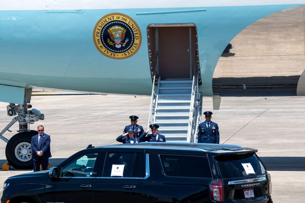 President Joe Biden pays respect to fallen law enforcement officers at the 145th Airlift Wing