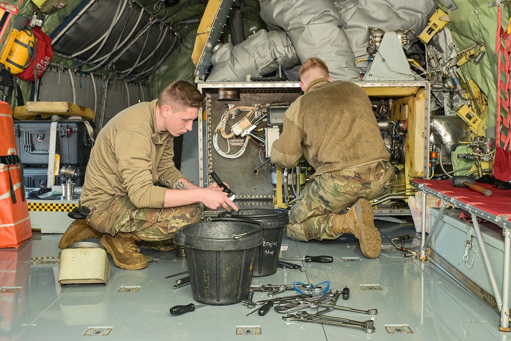 Airmen perform routine maintenance on a KC-135 at Selfridge Air National Guard Base