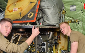 Airmen perform routine maintenance on a KC-135 at Selfridge Air National Guard Base