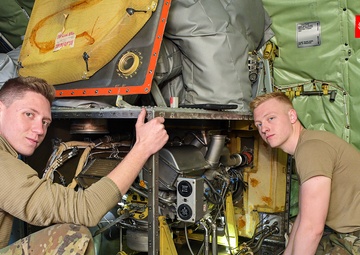 Airmen perform routine maintenance on a KC-135 at Selfridge Air National Guard Base